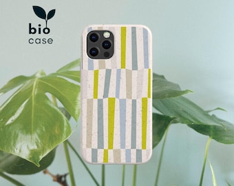 May include: A phone case with a speckled off-white base featuring a geometric pattern of vertical stripes in lime green, light blue, and beige. The case has a cutout for a triple-lens camera system. The text bio case is printed in black.