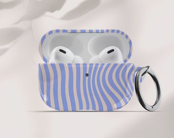 May include: An open, blue and beige striped AirPod case with a silver carabiner clip. The case contains white AirPod Pro earbuds. The case has a wavy striped pattern. The background is a soft, neutral color.