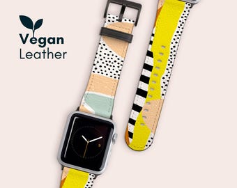 Printed Apple Watch Strap 38 40 42 44mm, Vegan Leather Band for Apple Watch Series 10 9 8 7 6 5 4 3 2 1 Ultra 2 & SE, Modern Watch Strap