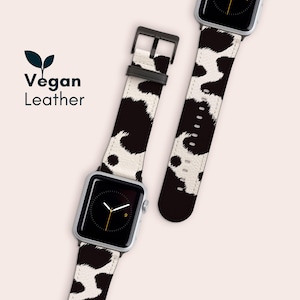 NADRUK KROWY | Pasek do zegarka Apple Watch 38 40 42 44 mm ze skóry wegańskiej, pasek do zegarka iWatch z nadrukiem ze sztucznej skóry seria 10 9 8 7 6 5 4 3 2 1 Ultra 2 i SE
