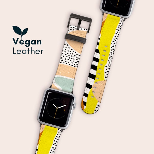 Printed Apple Watch Strap, Vegan Leather Band for Apple Watch Series 1, 2, 3, 4, 5, 6, 7, 8 & SE, Abstract Watch Band, Modern Watch Strap