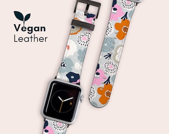 Floral Print Apple Watch Strap 38 40 42 44mm, Vegan Leather Band for Apple Watch Series 10 9 8 7 6 5 4 3 2 1  Ultra 2 & SE, Modern Band