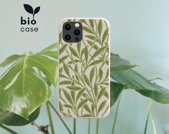 May include: A rectangular phone case with a light beige speckled base and a repeating pattern of green leaves and stems. The case features a triple camera cutout in the upper left corner and the text bio case with a leaf icon in the upper left.