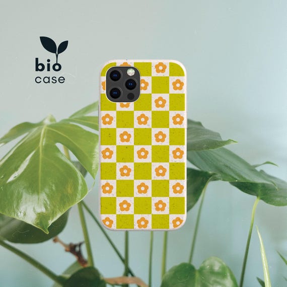 Flower Check Biodegradable Plastic Free Eco-Friendly Phone Case for iPhone 16 15 14 13 12 11 SE Pro Max Mini and Samsung Galaxy S24 23 22 21