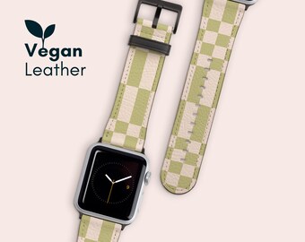 Green Check Vegan Leather Apple Watch Band 38 40 42 44mm, Faux Leather Printed Apple iWatch Strap Series 10 9 8 7 6 5 4 3 2 1  Ultra 2 & SE