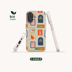 May include: A phone case with a colourful postage stamp design featuring a monkey, palm trees, and figures on a grid background. The case is accompanied by a matching phone and a separate phone side piece. The text "bio case" and "CASULO" are visible.