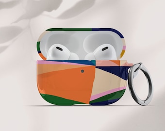 May include: A colorful geometric pattern case for Apple AirPods Pro with a matching keychain. The case is open, revealing the white AirPods Pro inside.