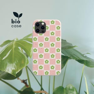 フラワーチェック柄 生分解性プラスチックフリー 環境に優しい iPhone 14 13 12 11 SE Pro Max Mini および Samsung Galaxy S22、S21、S20 用電話ケース