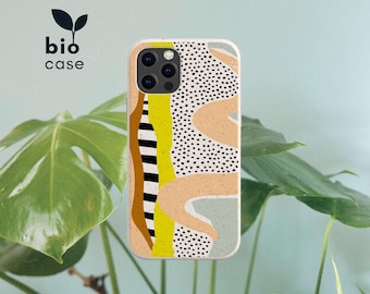 May include: A phone case featuring a multi-colored abstract pattern with black and white stripes, a bright lime green vertical band, tan wavy shapes, and sections of black polka dots on a white background. The text bio case is printed in black.