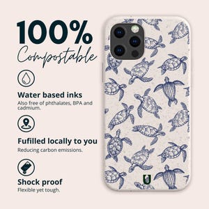 Capa de celular ecológica e biodegradável com estampa de tartarugas, livre de plástico, para iPhone 16, 15, 14, 13, 12, 11, SE, Pro, Max, Mini e Samsung Galaxy S24, S23, S22, S21. imagem 2