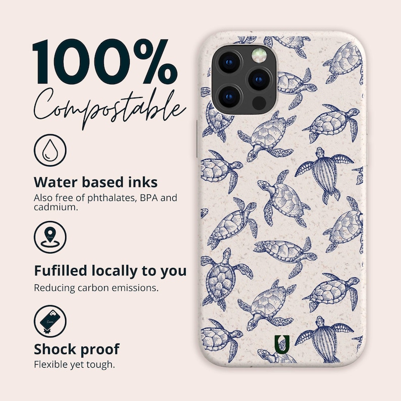 Capa de celular ecológica e biodegradável com estampa de tartarugas, livre de plástico, para iPhone 16, 15, 14, 13, 12, 11, SE, Pro, Max, Mini e Samsung Galaxy S24, S23, S22, S21. imagem 2