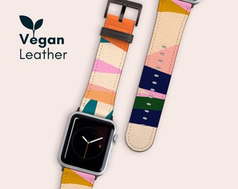 AFRICAN PRINT | Vegan Leather Apple Watch Band 38 40 42 44mm, Faux Leather Printed iWatch Strap Series 10 9 8 7 6 5 4 3 2 1 Ultra 2 and SE