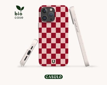Capa de celular ecológica biodegradável com estampa xadrez vermelho e rosa para iPhone 16, 15, 14, 13, 12, 11 SE Pro Max Mini e Samsung Galaxy S25, S24, S23, S22, S21