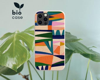 May include: A rectangular phone case featuring a multi-colored geometric pattern of triangles and shapes in orange, dark blue, green, pink, and beige. The case has a speckled texture and a cutout for a triple-lens camera system on the back.