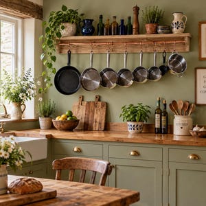 May include: A kitchen scene featuring a wooden shelf with a copper rail holding a row of hanging stainless steel and cast iron pans. Below, a wooden worktop displays a bowl of citrus, wooden chopping boards, herbs, and a ceramic utensil crock.