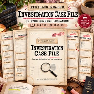 Könnte beinhalten: Ein 30-seitiger Investigation Case File Lese-Begleiter für Thriller-Leser. Das Dokument hat ein Cover im Vintage-Stil mit dem Text Investigation Case File, einer Lupe und einem vertraulichen Stempel. Mehrere Seiten zeigen Checklisten für Verdächtigenprofile, Beweisprotokolle und Berichte über Handlungswendungen.