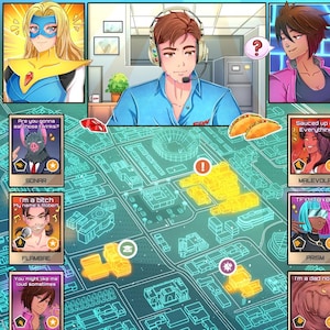 May include: A digital illustration featuring various anime-style characters. The image includes a map with highlighted areas and character cards with text. The characters have unique designs and expressions, with speech bubbles.