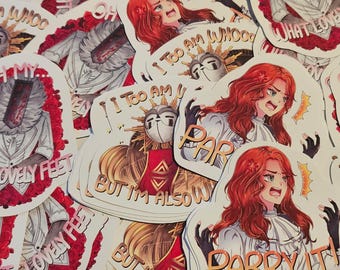 May include: A collection of anime-style stickers featuring various characters and phrases. The stickers showcase a character with red hair and a white outfit, along with text like "I Too Am" and "Parry It!" The stickers have a white background.