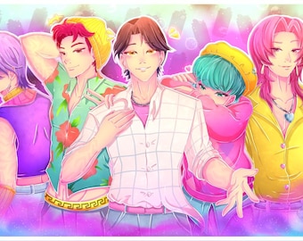 May include: Illustration of five anime-style figures in colorful outfits. The figures have different hair colors and wear various tops, including a Hawaiian shirt, a white plaid shirt, and a yellow jacket. The background is a gradient of pink and blue.