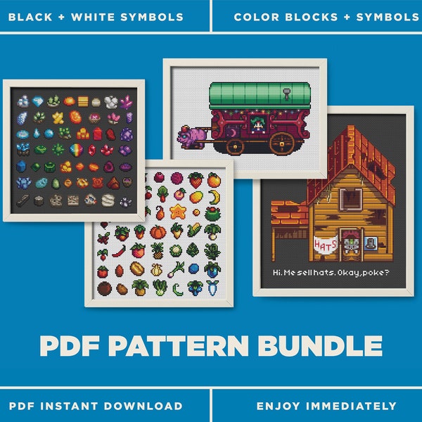 Stardew Valley Rainbow Gem - Produce - Traveling Cart - Hat Mouse - Bundle Counted Cross Stitch - Instant Download PDF - Modern - Pixel Art