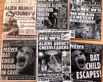 6 Tabloid stickers UFO Alien Mermaid BatChild Mummy MIB