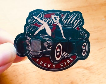Rockabilly Lucky Classic Car Girl Vinyl Stickers. 2x1.7 in