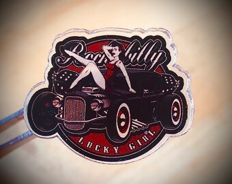 Rockabilly Lucky Girl Acrylic Pin. 1.5 x 1 in. Vintage style Button Badge