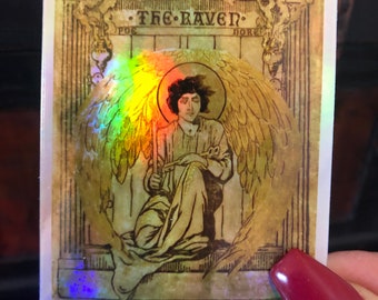 The Raven Angel Cover Vintage Book Lore Edgar Allen Poe Victorian Nostalgic Style Holographic Vinyl Glossy Stickers 2.34x3 in