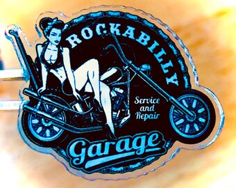 Rockabilly Garage Rock n Roll Girl Acrylic Pin. 1.5 x 1 in.