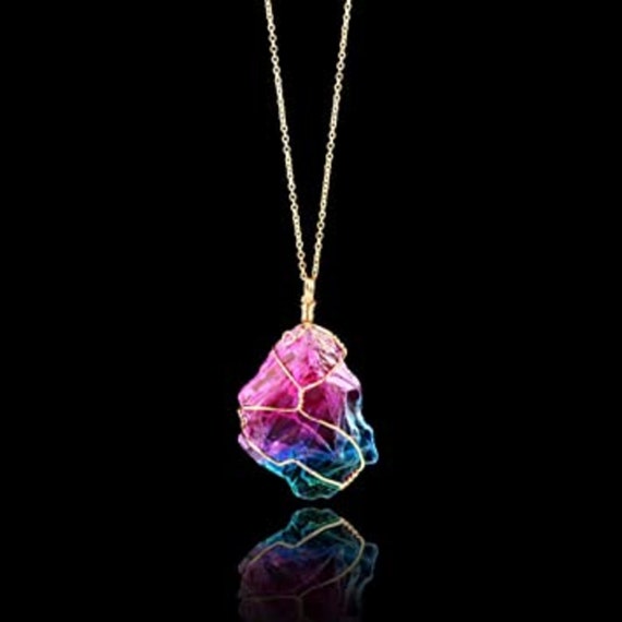 Rainbow Mystic Natural Crystal Spiritual Necklace With Gold Etsy