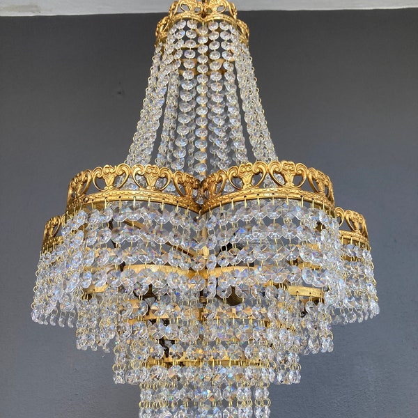 Vintage  Swarovski Crystal Chandelier, Empire Style Ceiling Light 3 Lights Elegant Chandelier | Austria 1950s