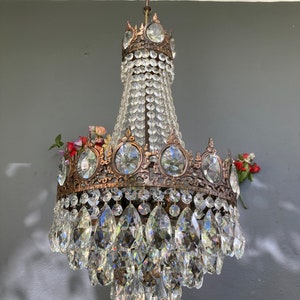 Antique Vintage French Crystal Chandelier, Solid brass Light Ceiling pendant, Elegant Lighting 1940's