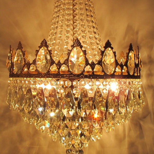 Antique Real Austria Swarovski Crystal Chandelier Vintage Ceiling Light, Solid brass chandelier, Lighting Elegant RARE Lamp 1950's