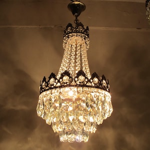 Vintage French Basket Crystal Chandelier | Brass Ceiling Lighting  1960s