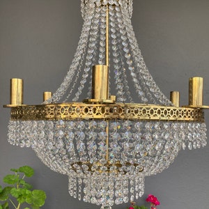 Antique Vintage French Crystal Chandelier | Big Solid brass Light Ceiling pendant | Elegant Lighting 1940&#39;s