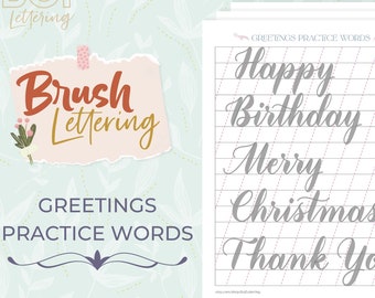 Guía de caligrafía con pincel / Palabras de felicitación / Festividades / Cumpleaños / Navidad / Graduación / Felicitaciones / Tarjeta / Práctica de caligrafía / PDF