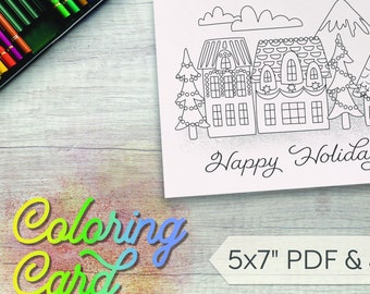 Tarjeta para colorear imprimible de un pueblo navideño (PDF/JPEG)