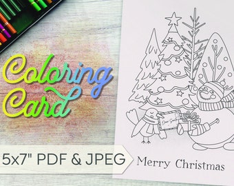 Tarjeta imprimible de muñeco de nieve y árbol de Navidad (PDF, JPEG)