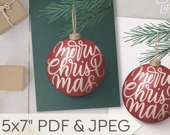 Tarjeta navideña imprimible / Adorno de Feliz Navidad / Letras a mano / 5x7” / PDF y JPEG