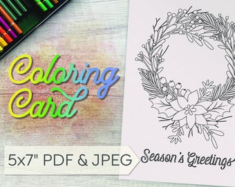 Tarjeta navideña para colorear / 5x7” / PDF / JPEG / Imprimible / Para niños y adultos / Felices fiestas / Corona