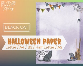 Papel de Halloween de gato negro: Páginas imprimibles para planificador (A4, A5, Carta, B5)