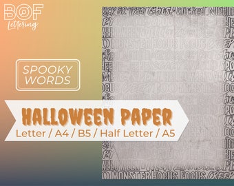 Papel con palabras espeluznantes de Halloween, páginas imprimibles (A4, A5, Carta, B5)