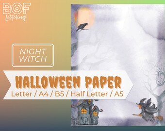 Papel imprimible de Bruja Nocturna para Halloween (A4, A5, Carta, B5)