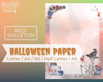Papel de Halloween con esqueleto rojo, papel imprimible (A4, A5, Carta, B5)