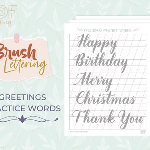 Brush Lettering Guide / Greeting Words / Holiday / Birthday / Christmas / Graduation / Congrats / Card / Calligraphy Practice / PDF