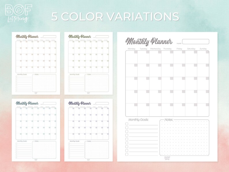 Monthly Planner / Color Variations / Printable Planner / Starting ...