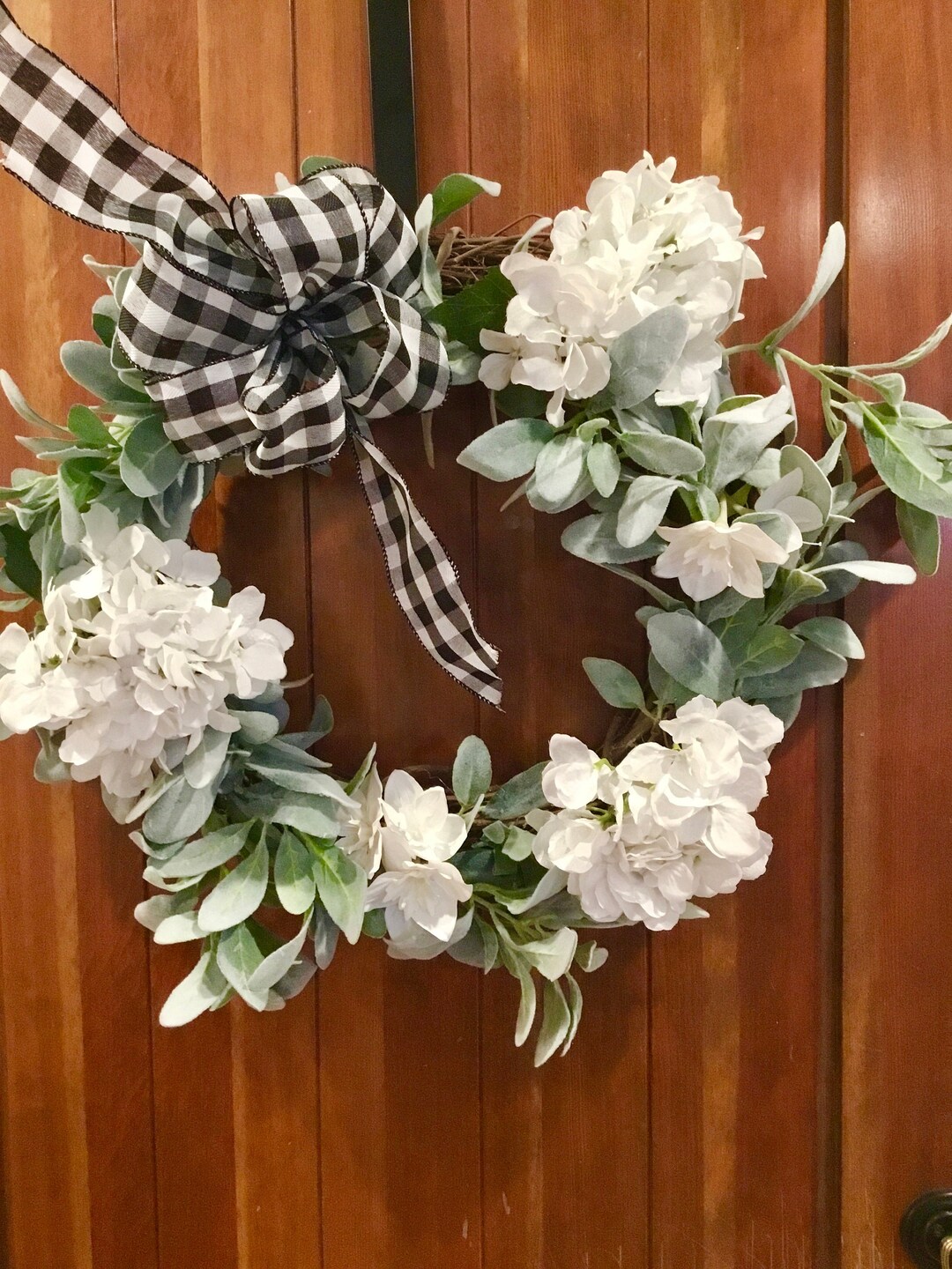 Faux Lambs Ear, White Hydrangeas and White Magnolias With Buffalo Check