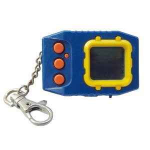 May include: A blue and yellow keychain with a digital screen and three orange buttons. The keychain has a silver metal clasp.
