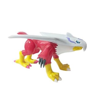 May include: A red and white plastic toy figure of a mythical creature with wings. The creature has a long, pointed beak and yellow feet.