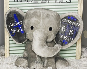 personalized elephant, stuffed animal gift, baby shower gift, newborn gift, new baby gift, birth announcement, baby gift, welcome home baby